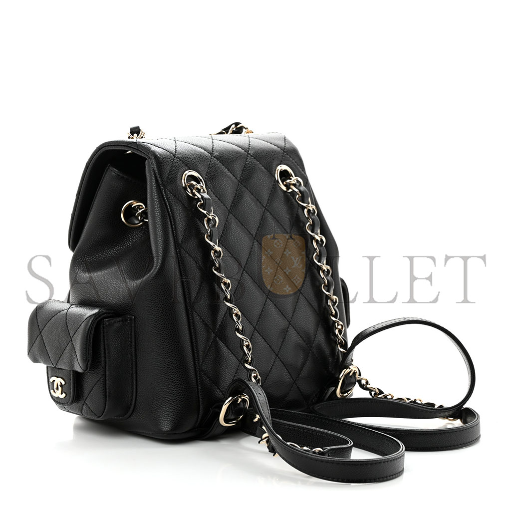 Ch*el master shiny caviar quilted small pockets drawstring backpack black (21.5*19.5*12cm)